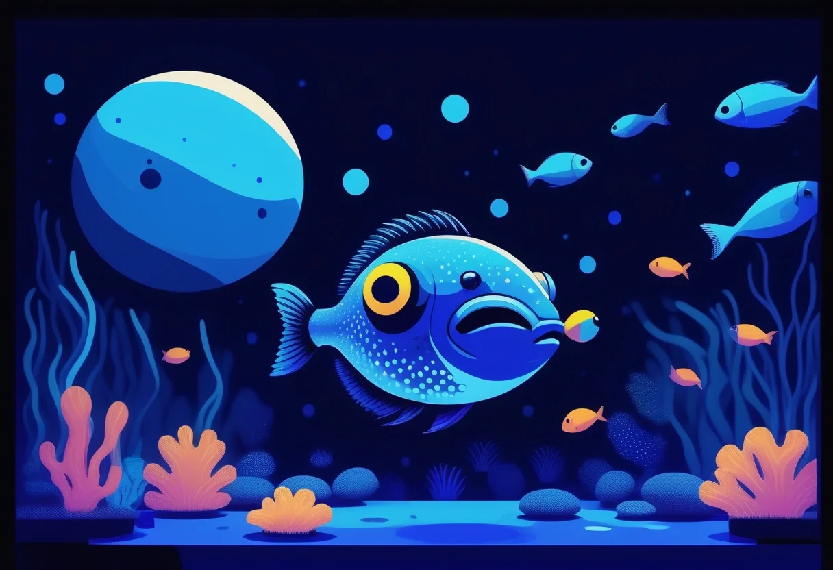 Aquarium bei Nacht mit blauem Mondlicht-LED, nachtaktive Fische schwimmen friedlich, traumhafte dunkelblaue Töne, Mond beleuchtet das Becken, ruhige Atmosphäre