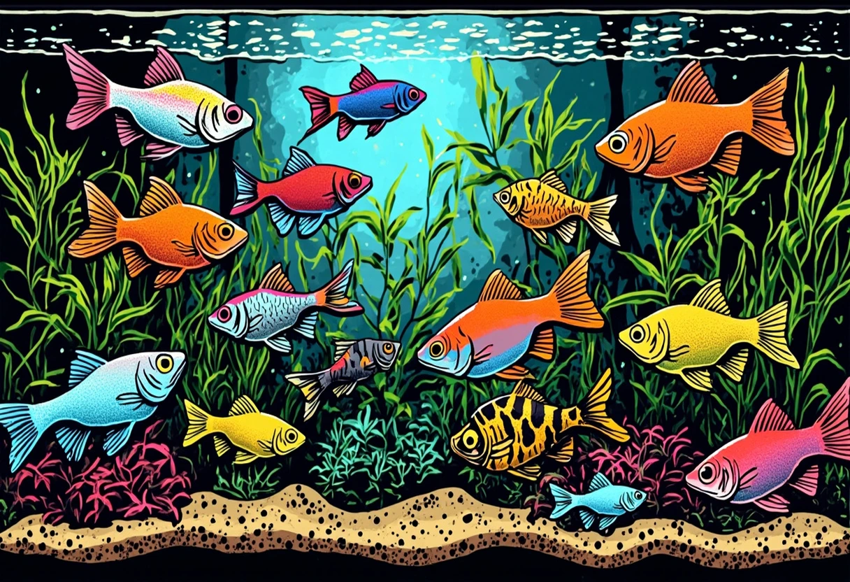Buntes Gesellschaftsbecken mit Guppys, Neonsalmlern und Panzerwelsen