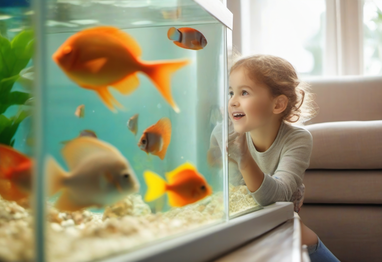 Kind beobachtet begeistert bunte Fische im heimischen Aquarium – kindgerechte Aquaristik für Familien