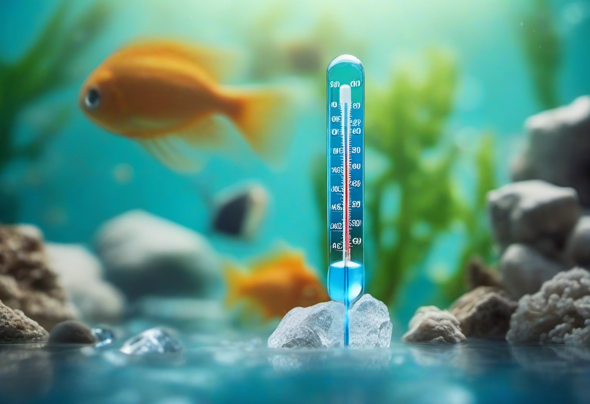Aquarium-Thermometer im klaren Wasser – Symbolbild für Wassertemperatur Aquarium Sommer und Kühlung